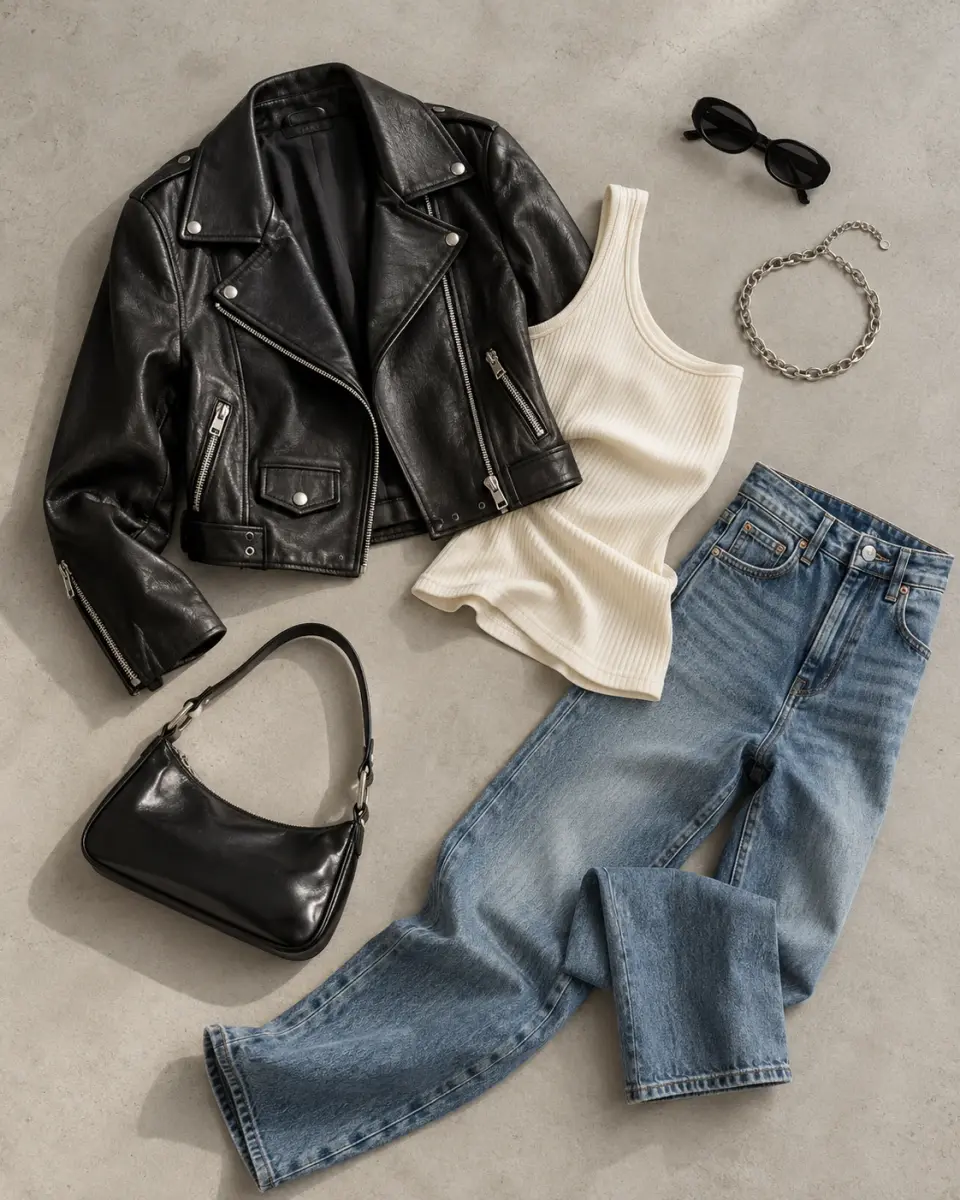 Giacca di pelle, top avorio, jeans e accessori argentati disposti come un outfit